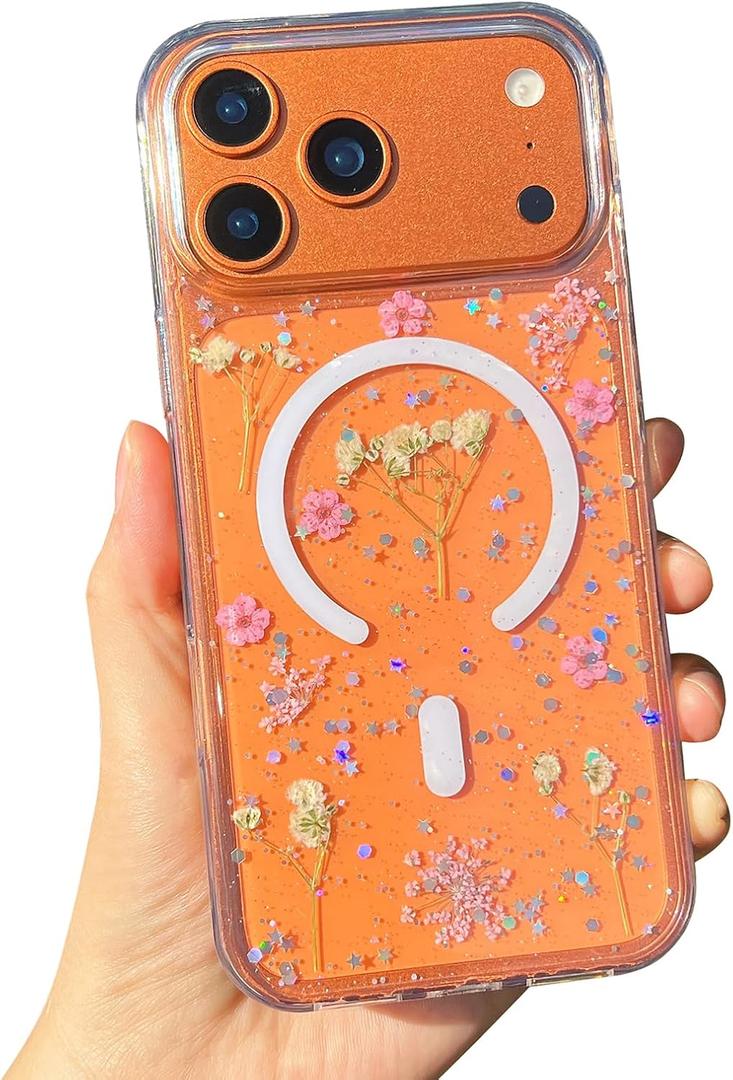 Cute Flowers for iPhone 17 Pro Case for Girly Women,Compatible with Magsafe,Pressed Dried Floral with Glitter Magnetic Cover for iPhone 17 Pro 6.3"- Clear Sparkly