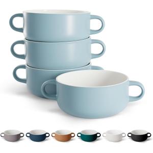 Kook Soup Crocks, Ceramic Bowls, Broil, Oven, Microwave and Dishwasher Safe, with Handles, For Casserole, Pasta, Cereal, 18 oz, Set of 4 (Pale Blue)