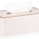 Sumnacon Rectangular Linen Tissue Box Cover - Stylish Tissue Box Holder with Magnetic Bottom, Decorative Tissue Box for Bathroom Toilet Vanity Night Stand Table Countertop Office, Beige Linen Texture (Medium, Beige With Rose Gold Trim)
