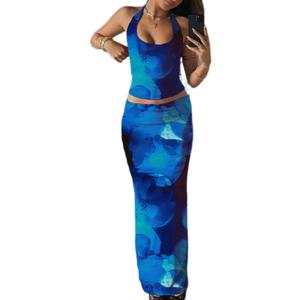 ksotutm Two Piece Sets for Women Maxi Skirt Set Printed Halter Top and Maxi Skirt Going Out Outfits (Small, Blue)