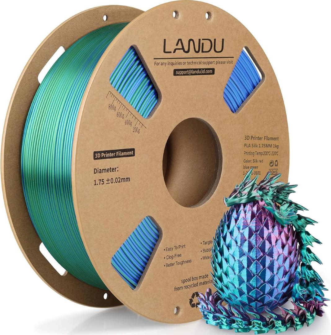 LANDU Silk Tri-Color PLA Filament 1.75mm 1Kg, Triple Color Silk PLA Filament, Silk Rainbow PLA Filament, Neatly Wound 3D Printer Filament, 3 in 1 Multi Color Filament +/-0.02mm, Silk Red Blue Green