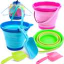 JOYIN 3 Packs Foldable Pail Bucket with Shovels & Mesh Bag, Collapsible Buckets Multi Purpose for Beach, Camping Gear, Beach Party, Fishing, and Fun Summer Activities (Blue/Pink/Green)