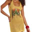 RoseSeek Women's Crochet Cover Up Dress Sleeveless Hollow Out Beach Dress Animal Embroidered Swimwear Yellow Medium (Yellow, M)