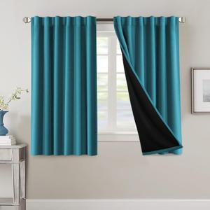 H.VERSAILTEX 100% Blackout Curtains for Bedroom with Black Liner Full Room Darkening Curtain 54 Inch Long Thermal Insulated Back Tab/Rod Pocket Window Drapes for Living Room, 2 Panels, Turquoise Blue