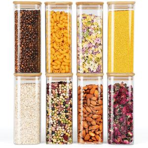 Glass Jars with Bamboo Lids 34 FL OZ, 8 Pack Glass Canisters with Airtight Lid, Square Glass Kitchen Storage Containers for Pasta, Cereal, Coffee, Flour, Sugar, Oats, Beans