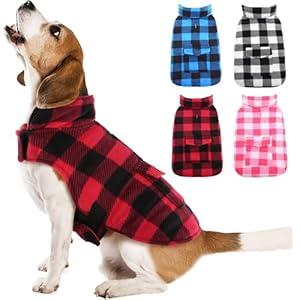 Kuoser Dog Winter Coat, Windproof Dog Fleece Jacket British Style Plaid Cold Weather Doggie Vest Coats, Reversible Cozy Warm Pet Clothes Apparel for Medium Dogs M (Blue)