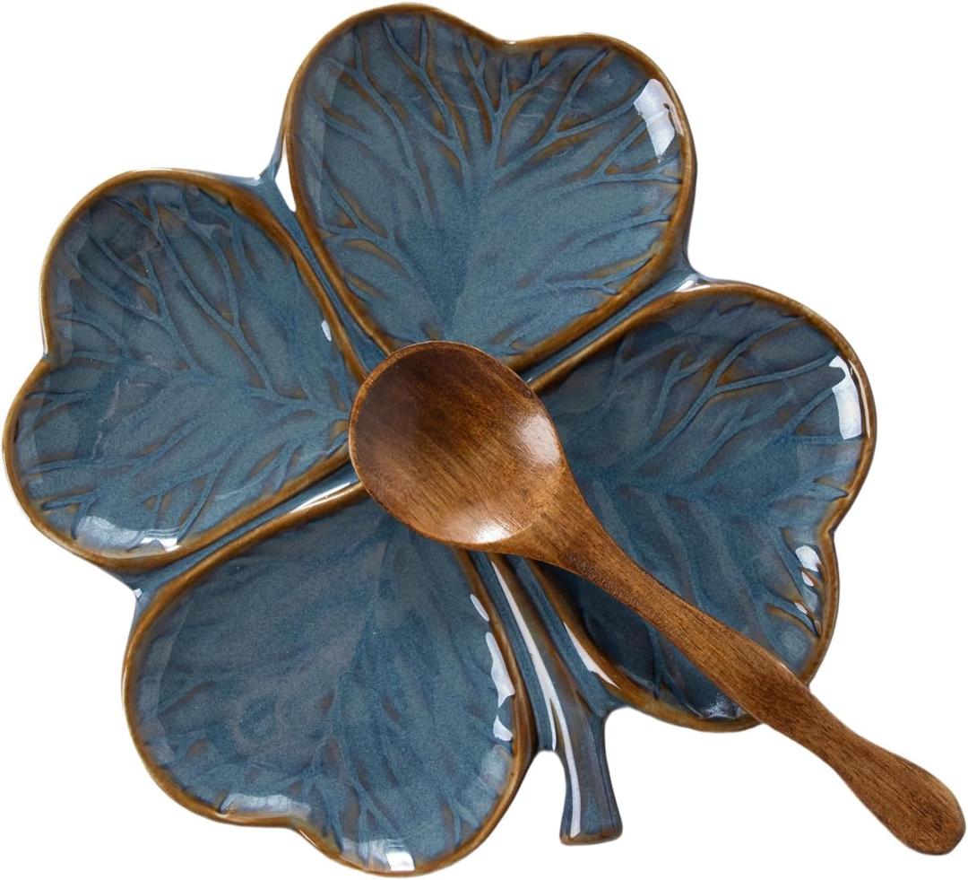 Ceramic Spoon Rest for Stove Top, Cute Four Leaf Clover Shaped Spoon Holder for Kitchen Countertop, Cooking Spoon Rest Table Decor (Blue)