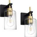 DSMJFU Hardwired Black and Gold Wall Sconces Set of Two, Sconce Wall Lighting Set of 2,Modern Glass Bathroom Wall Light, Wall Mounted Light for Bedroom Living Room Hallway (Clear)