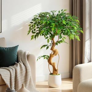 4ft Large Ficus Artificial Trees in White Pot, 48" Tall Fake Silk Tree with Natural Curved Trunk, Lush Faux Ficus Tree for Indoor Home Decor, Living Room, Office & Patio