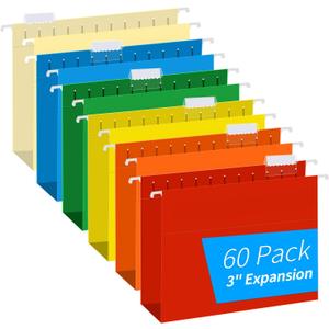 Extra Capacity Hanging File Folders, RAZCC 60 Pack Letter Size Reinforced Hanging Folders with Heavy Duty 3 Inch Expansion for Bulky Files, Filing Cabinet, Adjustable Tabs, Assorted Colors