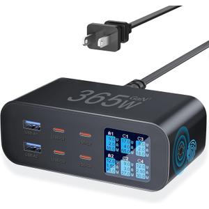 USB C Charger 6-Port with LED Display Adjustable Brightness, USB Charging Station GaN Multiport Fast Charger PD 100w 65W QC 3.0 Support PPS Compatible with MacBook iPhone Samsung, Black