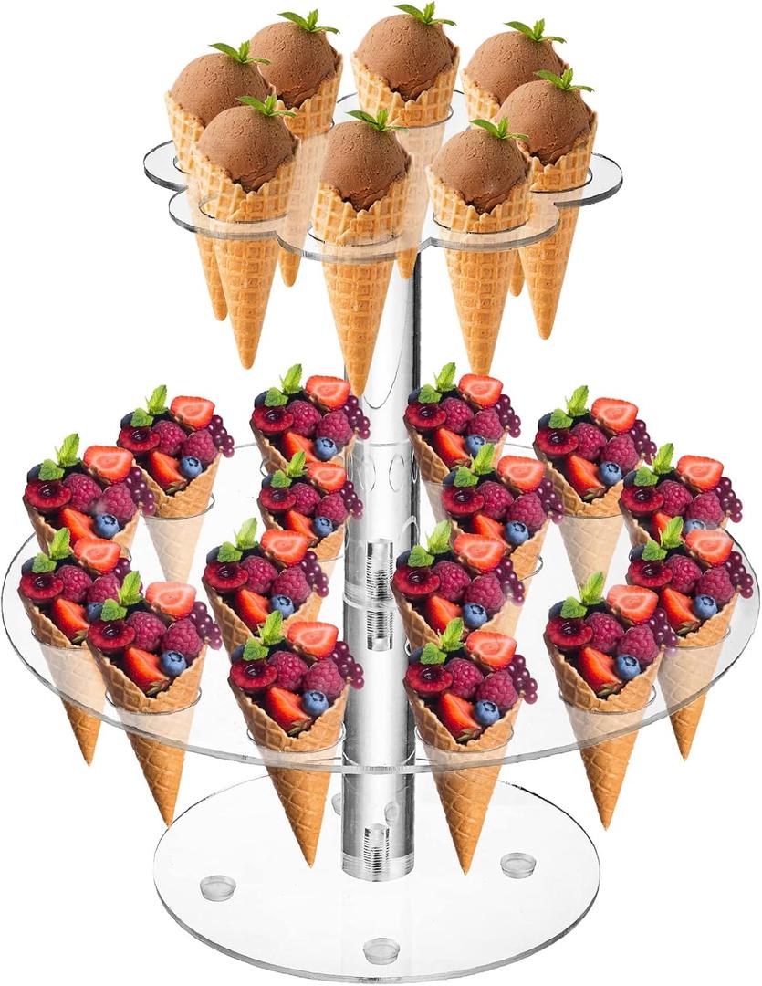 Hacaroa Acrylic Ice Cream Cone Holder, 24 Holes Waffle Sushi Hand Roll Stand Double Layer Cone Display Stand, Clear Food Display Stand Rack for Birthday Parties, Weddings, Christmas, Flower Shape