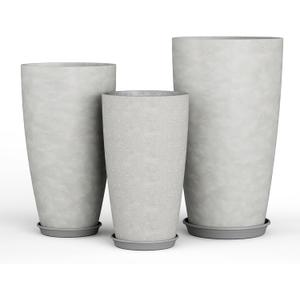 QCQHDU 24, 21, 18 inch Tall Planters for Outdoor Plants, with Drainage Hole & Saucer, Set of 3 Tall Outdoor Planter for Indoor & Outdoor Plants, Modern Home Decor