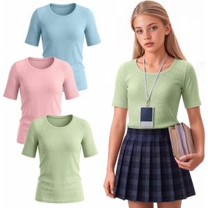 3 Pack Girls Ribbed T-Shirts | Short Sleeve, Crewneck, Slim Fit, Stretchy, Soft, Athletic, Basic Tees, Summer, Kids 5-14 Years