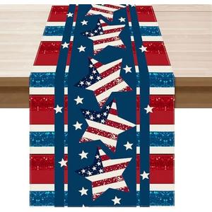 XCHI Patriotic Stripes Stars Pentagram America 4th of July Memorial Day Independence Day Table Runner Decoration for Home Kitchen Holiday Party 13x72 Inch, 2 Pack