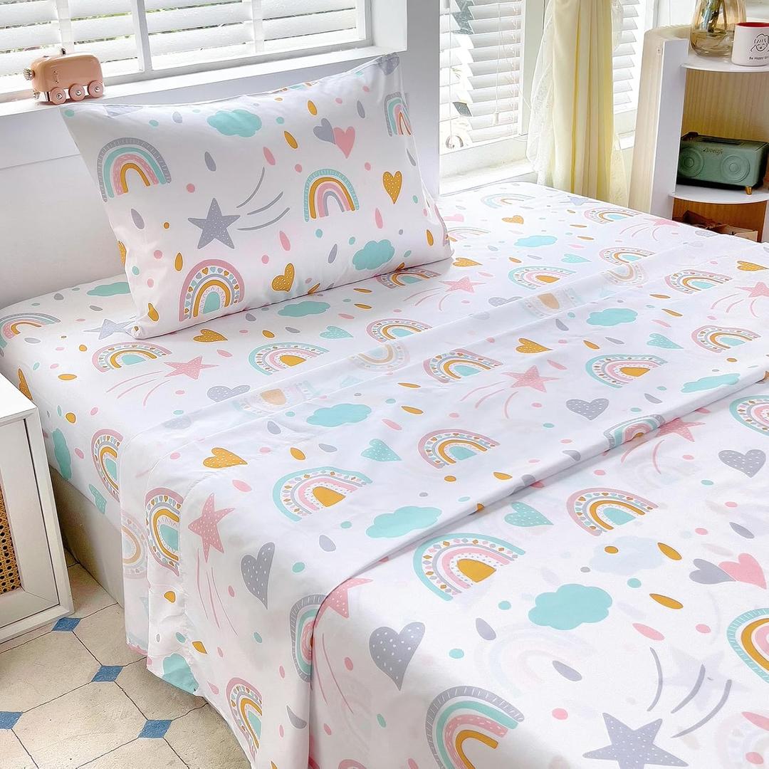 Twin Sheet Set Kids - Sky Blue 3 Pieces Soft Microfiber Cartoon Style Bedsheets for Boys Girls Teens, Oeko TEX Breathable 15 Inch Deep Pocket Sheets(Rainbow)
