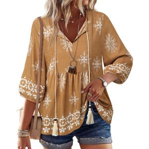 Vivilli Womens Summer Boho Baby doll Tops 3/4 Sleeve Pleated Peplum Blouses Casual V Neck Tie Front Fall Tunic Tops (XX-Large, Multi Brown)