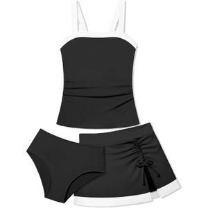 Girls Tankini Swimsuit 3 Piece Color Block Bathing Suits with Drawstring Cover Up Slit Skirt Girls' Swimwear 9-16T (9-10 Years, Black)