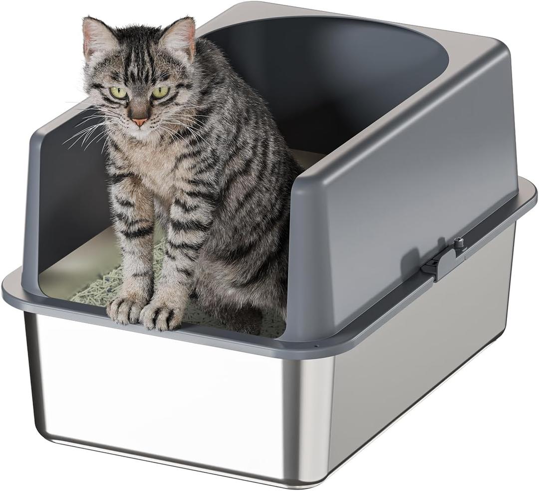 Booche High-Sided Stainless Steel Cat Litter Box,Stainless Steel Litter Box with Lid,Extra Medium Box,Easy-to-Clean Metal Litter Pan for Cats (20''L X 14''W X 12''H with Enclosure)