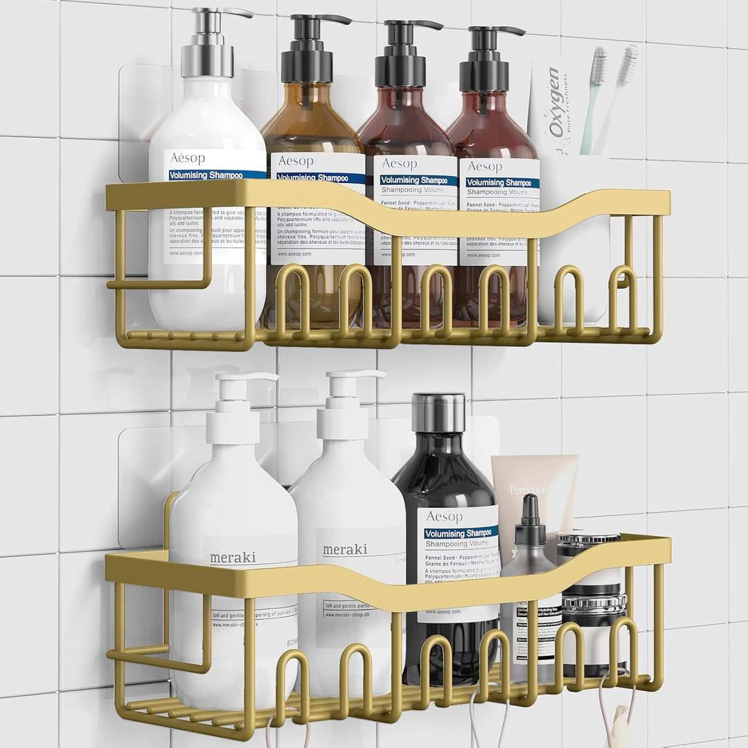 Shower Caddy 2 Pack, Adhesive Organizer for Bathroom Storage, Home Decor & Kitchen, No Drilling, Rustproof Stainless Steel Shelf, Bathroom Decor Sets (Matte Gold)