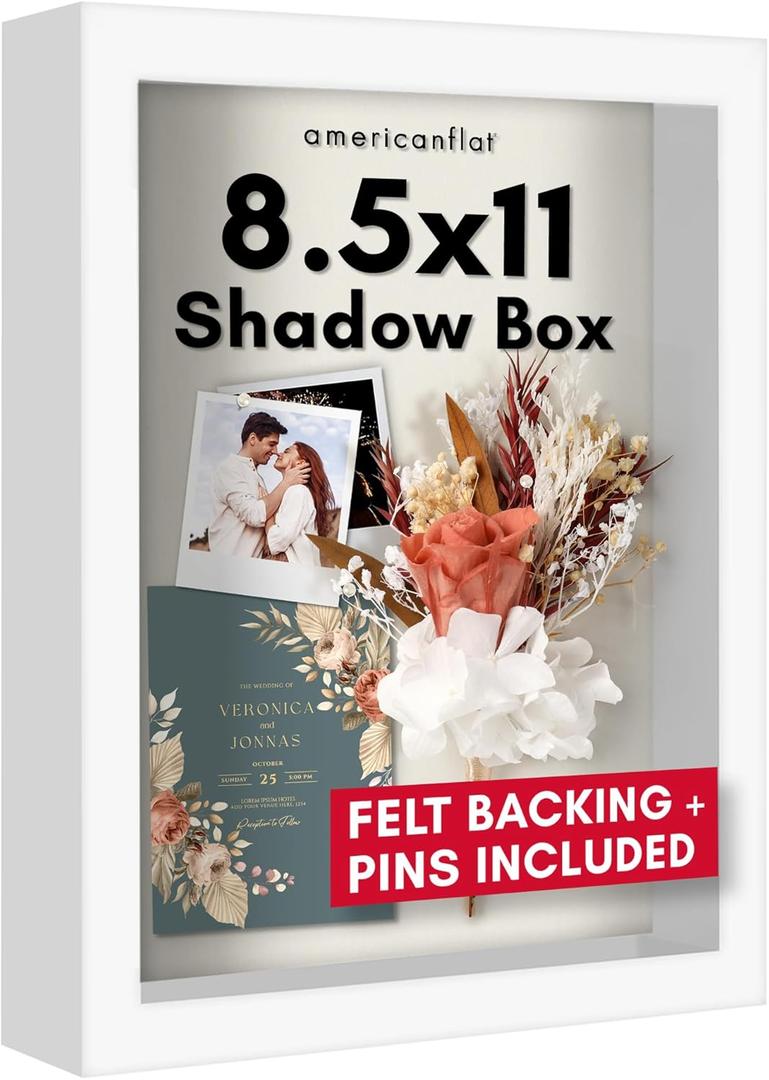 Americanflat 8.5x11 Shadow Box Frame with Shatter-Resistant Glass - Silhouette Collection - Large Shadow Box Display Case for Tabletop and Wall Display - White with Soft Felt Back