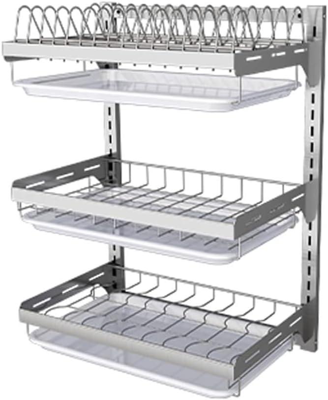 Dish Rack Wall Mounted, Hanging Dish Drying Rack,3 Tier Stainless Steel Dish Rack, Adjustable Length Drain Rack. with Drain Tray, Hooks Silvery