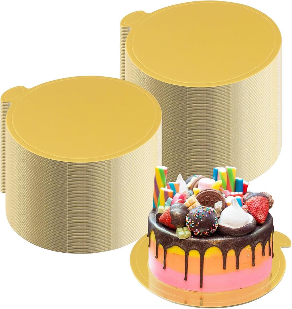 100 Pcs 4 Inch Mini Cake Boards Round Golden Mousse Cake Boards Disposable Cardboard Plate Round Coated Cakeboard for Kitchen Baking Caking Pizza Dessert Cupcake Tray (4 Inch)