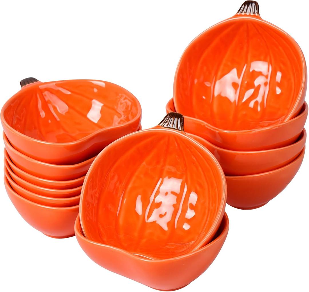 Kolewo4ever 12 Pieces Thanksgiving Ceramic Pumpkin Bowl 6 Ounces Ramekins Small Pumpkin Shaped Bowls Orange Dinnerware Decoration for Fall Thanksgiving Serving Dip, Sauce, Condiments,Snack