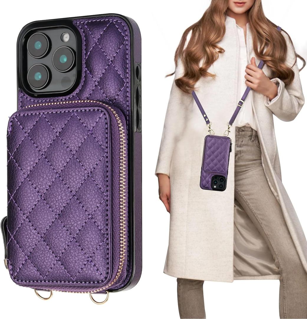 Bocasal Crossbody Wallet Case for iPhone 16 Pro Max, RFID Blocking PU Leather Zipper Handbag Purse Flip Cover, Kickstand Folio Case with Card Slots Holder Wrist Strap Lanyard 5G 6.9 Inch (Dark Purple)