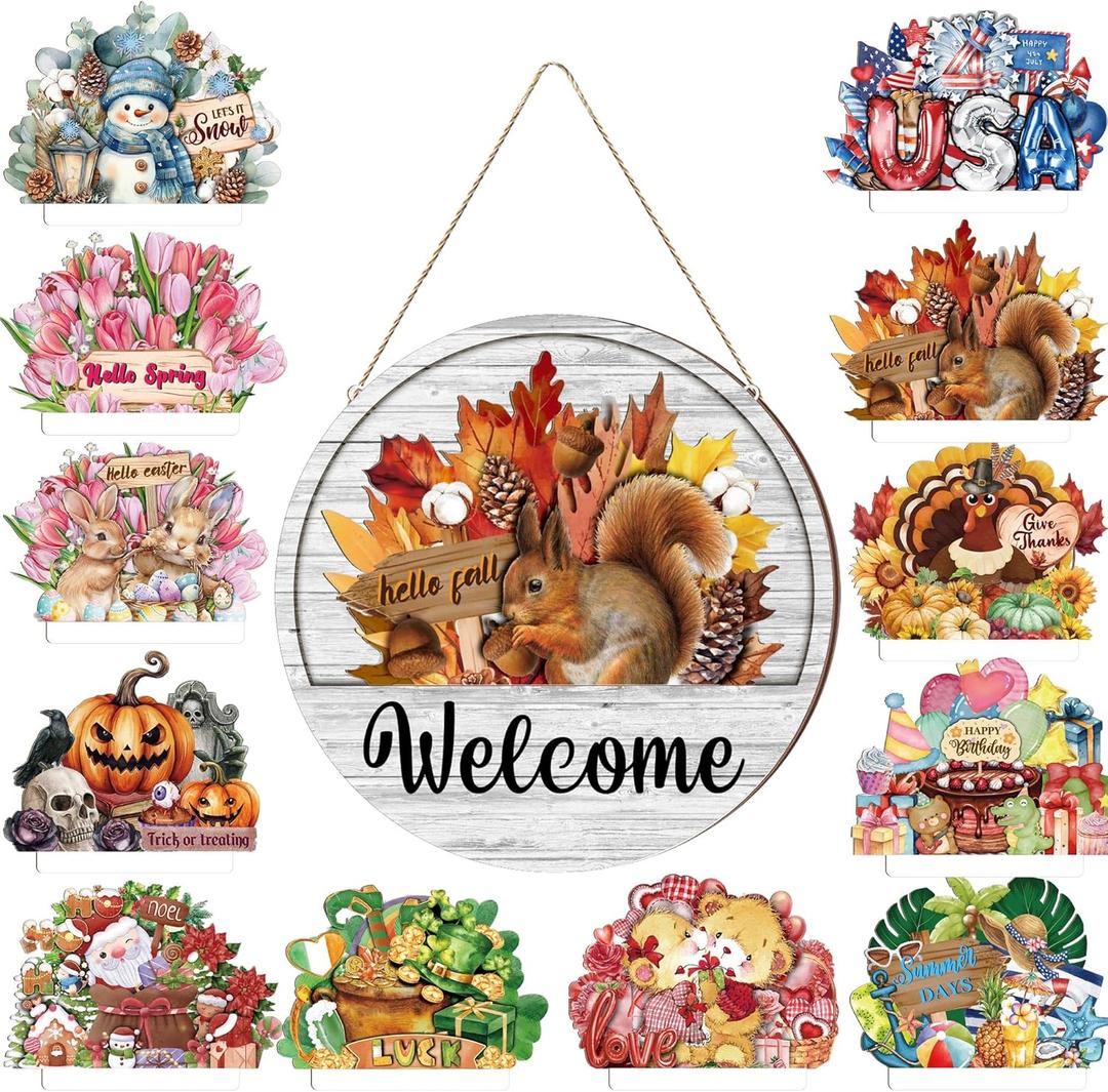 13PCS Interchangeable Seasonal Welcome Sign for Front Door, 12 Inch Rustic Round Wood Door Decorations Hanging Outdoor, Farmhouse Home Wall Porch Signs for Spring Summer Fall Christmas All Seasons