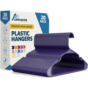 Lifemaster Plastic Clothes Hangers Heavy Duty Hanger Set, for Organizing Clothes, Dresses, and Coat, Holds Up to 5 lbs, Space-Saving Hangers with Non-Slip Shoulder Grooves, Pack of 20, Purple