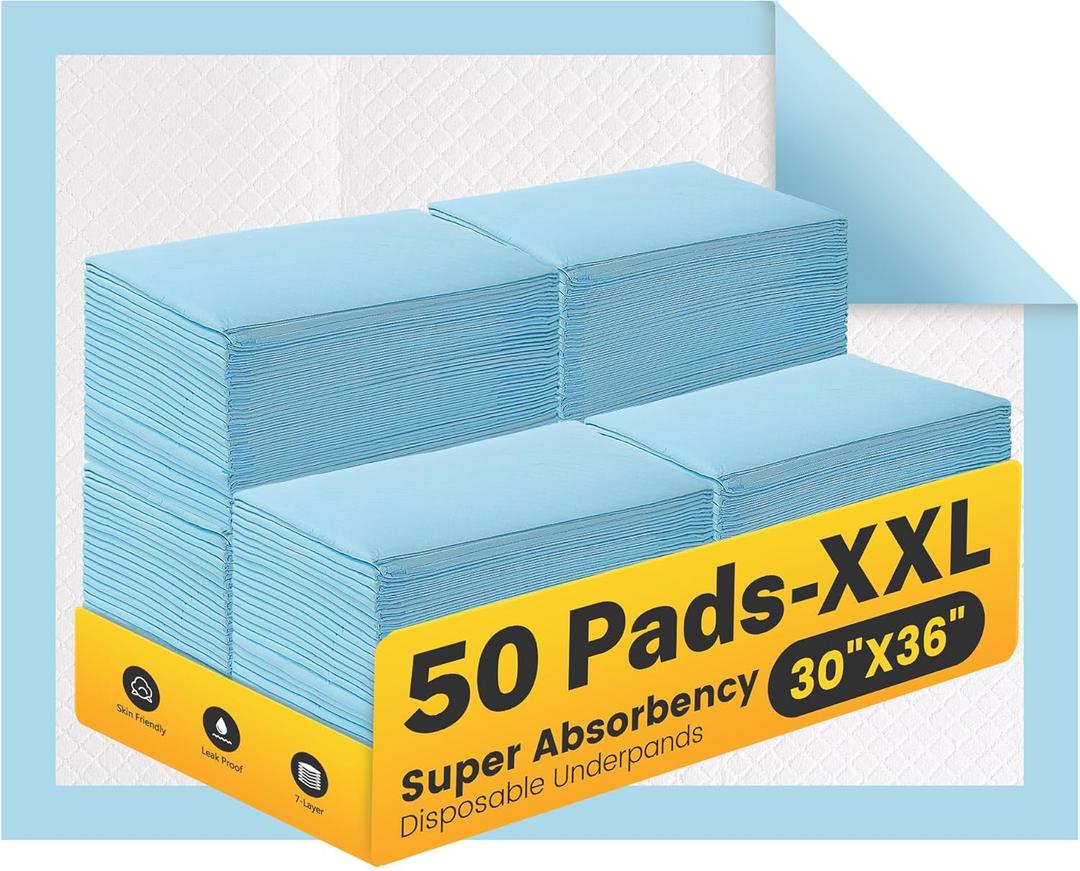 Bed Pads Disposable Adult 50 Count XXL, Super Absorbency Heavy Duty Chucks Pads Extra Large Incontinence Pads, Quick Drying Underpads Chux Pads for Puppy Pets Baby Adults Elderly, 30 x 36, Blue