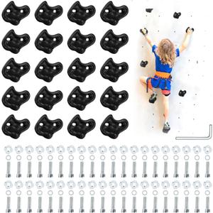 20PCS Black Rock Climbing Holds,Hard Plastic Rock Climbing Wall for Kids,Extra Large Climbing Rock Wall Grips with Mounting Hardware and Wrench for Indoor Outdoor Playground,Installed on Wooden Board