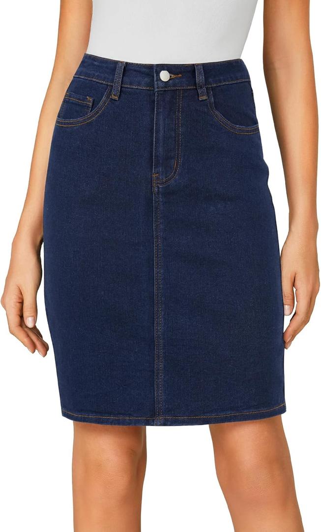 LYANER Women's Casual Stretch High Waist Bodycon Denim Jean Midi Skirt with Pockets (Navy, S)