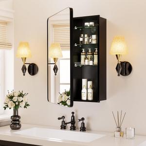 Black Medicine Cabinet with Mirror for Bathroom:16x24 Inch Small Mirrored Vanity Storage with Adjustable Shelves-Surface or Recessed Wall Mount-Matte Black Frame
