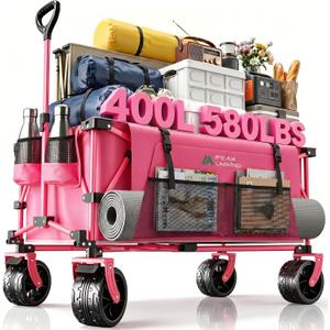 400L Folding Wagon Cart with Brakes & Removable Table, 580lbs Heavy Duty Collapsible Wagon, Big All-Terrain Wheels for Camping, Sports, Grocery, Outdoor - Pink
