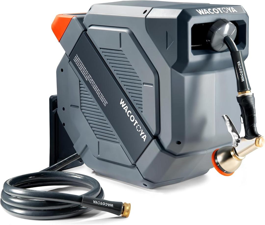 Retractable Garden Hose Reel 5/8 in x 100 ft Professional Metal Bracket & 9-Pattern Metal Nozzle UV Resistant Brass Fitting Heavy Duty Wall Mount Any Length Lock Slow Retraction 180 Swivel