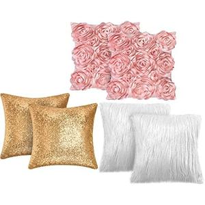Oudain 6 Pcs Decorative 3D Rose Flower Pillow Cover, 16 x 16 Inch Faux Fur Throw Pillow Covers for Bed Square Sofa Bedroom Car(Pink, White, Gold)