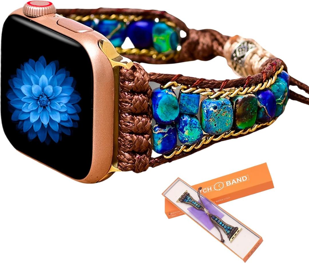 Women Handmade Boho Beaded Watch Band Compatible with Apple Watch Bands Dressy Bracelets Adjustable Braided Stone Watch Strap for Iwatch Series9 8 7 6 5 4 3 2 1 SE Ultra(Blue-38/40/41mm)
