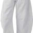 SeekMe Women's Barrel Leg Sweatpant Drawstring Elastic Waisted Wide Leg Pants Casual Cotton Palazzo Trousers with Pockets (Medium, Heather White)