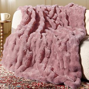 Ultra Soft Cozy Faux Fur Throw Blanket, Fuzzy Plush Thick Bubble Blanket, Oversize Luxury Fluffy Blanket for Couch, Sofa, Bedroom, and Living Room,50x60 Inches,Pink