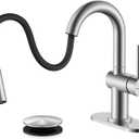KENES Brushed Nickel Bathroom Faucet with Pull Down Sprayer, Single Handle Bathroom Sink Faucet with Pull Out Sprayer, Vanity Faucet with Pop Up Drain & Deck Plate, KE-9065B
