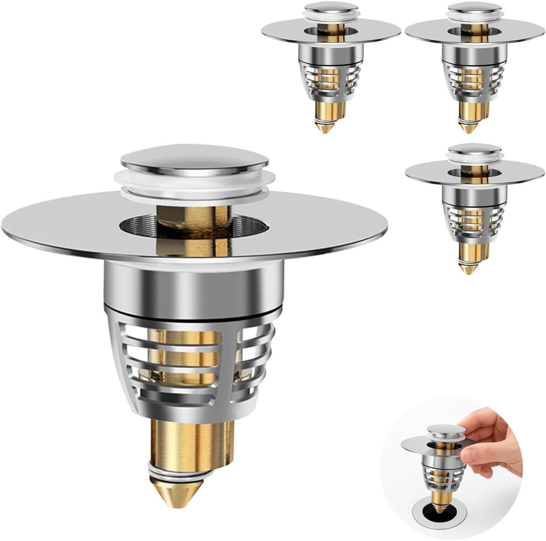(4-Pack) Universal Bathroom Sink Stopper with Anti-Clog Basket Filter, Fit for 1.1"-1.6" Drain Holes, Sink Pop Up Stopper, Washbasin Drain Stopper, Tool-Free Installation