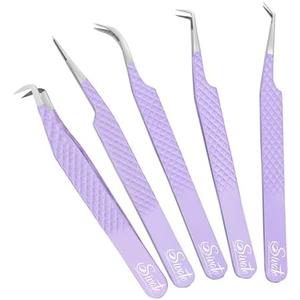 SIVOTE Lash Tweezers for Eyelash Extensions, Pack of 5 Purple – Lash Extension Tweezers Set with Diamond Grip, Precision Fiber Tip for Volume Eyelash Extensions