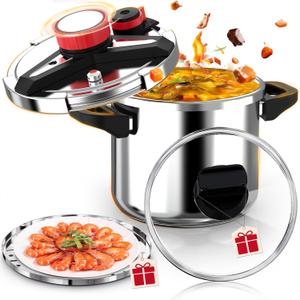 18/8 Stainless Steel Pressure Cooker 6 Quart, [One-Hand Locking] Olla de Presion, [3-In-1] Pressure Cooker, Induction Compatible, Gas Stovetop Compatible,Includes Glass Lid & Steamer