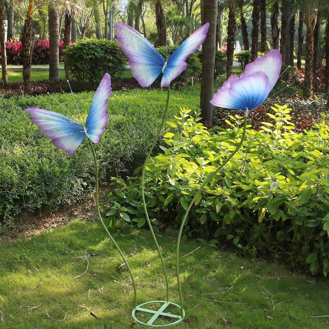 3Pcs Large Silk Butterfly Decorations,Big Butterfly Decoration with Standing Base,Mariposas Grandes Para Decoracion for Wedding Birthday Party Decor Ideal for Home and Event Decorations(Blue Purple)