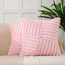 All Smiles Valentine's Day Couch Decorative Throw Pillow Covers 18x18 Set of 2 Faux Fur Plush Soft Fluffy Velvet Cushion Case Cozy Fuzzy Striped Pillowcase Home Decor for Bed Sofa Living Room,Pink