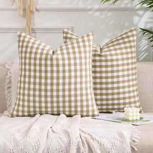 CARRIE HOME Brown Gingham Checkered Throw Pillow Covers 18x18 Set of 2, Neutral Modern Farmhouse Dark Brown Khaki Outdoor Pillows 18 x 18 for Porch Patio Furniture (No Pillow Inserts)