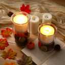 Domensi 2 Pcs Fall Glass Candle Holders with Flameless Candles Festive Votive LED Pillar Wax Battery Operated Flickering Light Candlesticks with Pumpkin Pine Cone for Fall Autumn Thanksgiving Decor