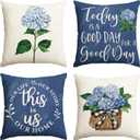 AVOIN colorlife Blue Hydrangea Spring Summer Throw Pillow Covers, 20 x 20 Inch Today is A Good Day Dark Blue Cushion Case Decoration for Sofa Couch Set of 4 (Blue)